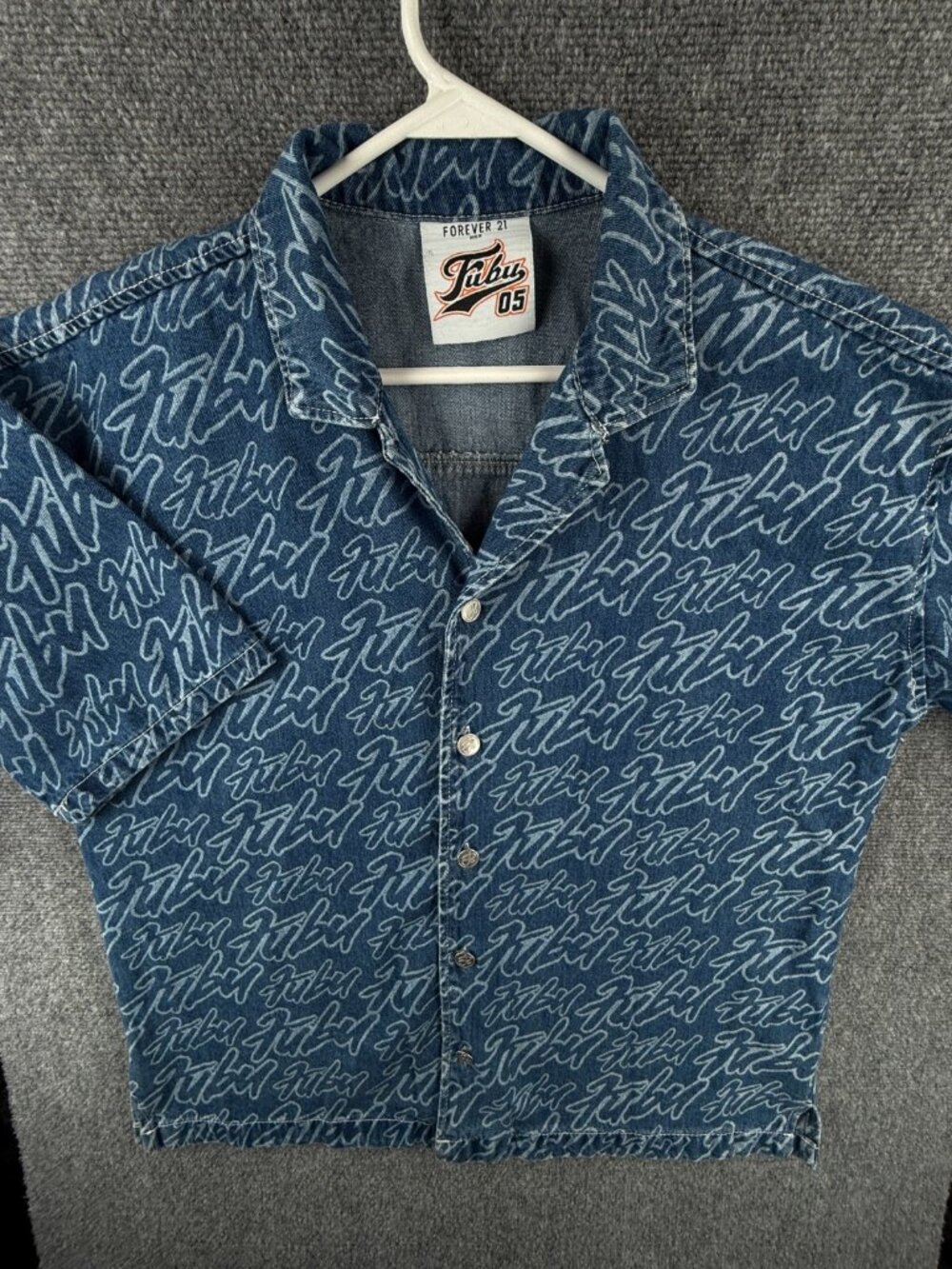 Forever 21 Fubu Denim Shirt Men Large Blue AOP Silver Buttons Short Sleeve Logos